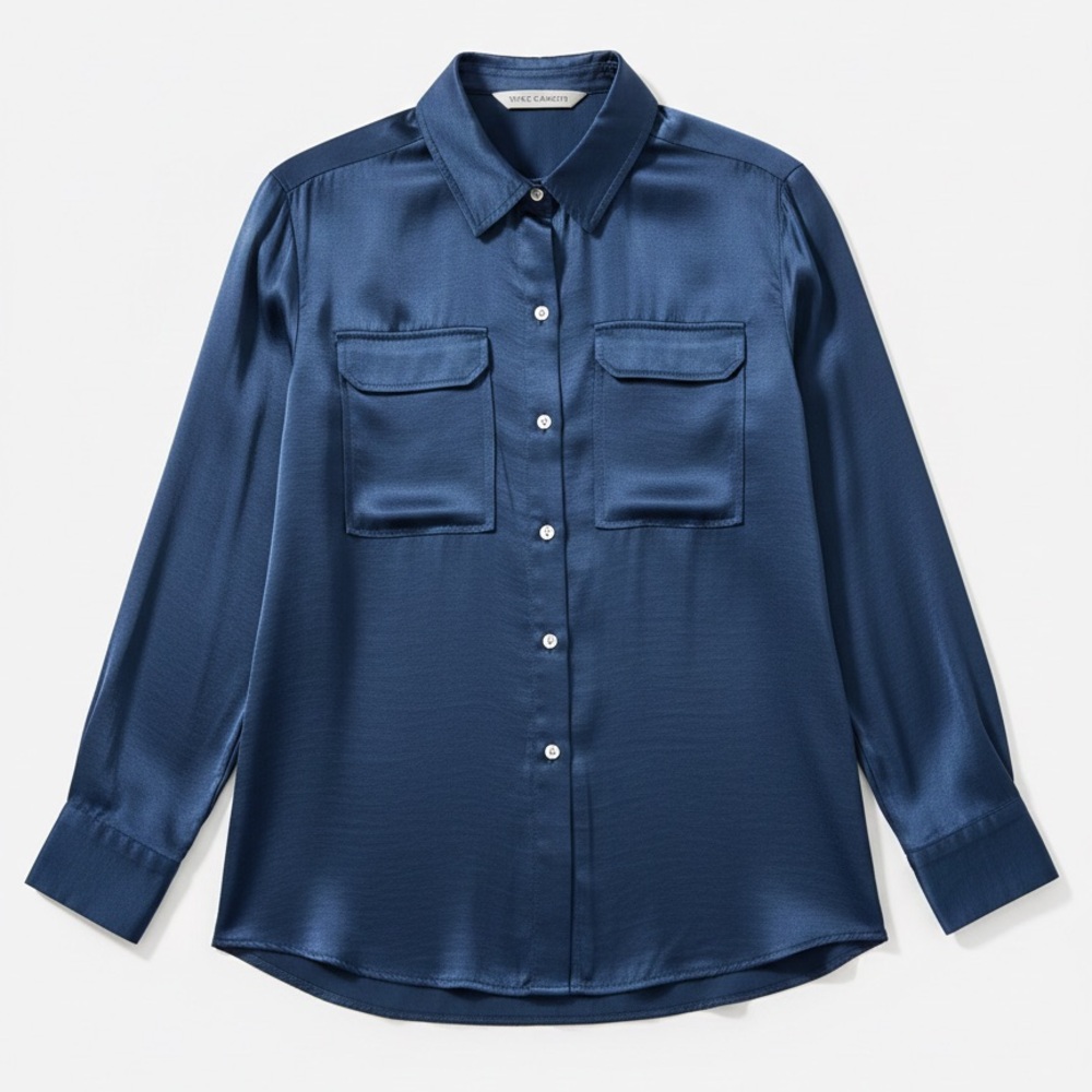 Silk Button-Up Shirt in Navy Blue